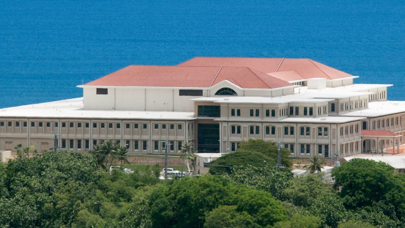 A view of the new U.S. Naval Hospital Guam. A ribbon-cutting ceremony was held to unveil the facility, which boasts 281,000 square feet, including 42 beds, two cesarean section rooms, improved diagnostic and ancillary capabilities such as MRI and CT scanning suites, and replaces the old facility built in 1954. (U.S. Navy photo by Jesse Leon Guerrero/Released)