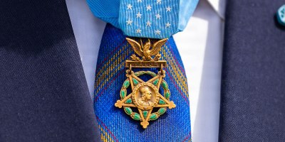 A detail photo of the Medal of Honor at the Tomb of the Unknown Soldier, Arlington National Cemetery, Va., Mar. 25, 2025. The Ceremony was hosted by Maj. Gen. Trevor J. Bredenkamp, commanding general, Joint Task Force-National Capital Region and U.S. Army Military District of Washington.  (U.S. Army photos by Sgt. Christopher Grey)
