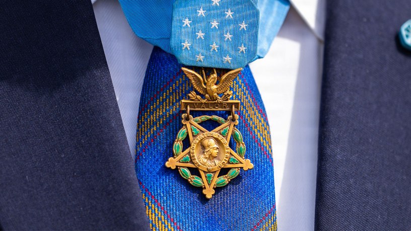 A detail photo of the Medal of Honor at the Tomb of the Unknown Soldier, Arlington National Cemetery, Va., Mar. 25, 2025. The Ceremony was hosted by Maj. Gen. Trevor J. Bredenkamp, commanding general, Joint Task Force-National Capital Region and U.S. Army Military District of Washington.  (U.S. Army photos by Sgt. Christopher Grey)