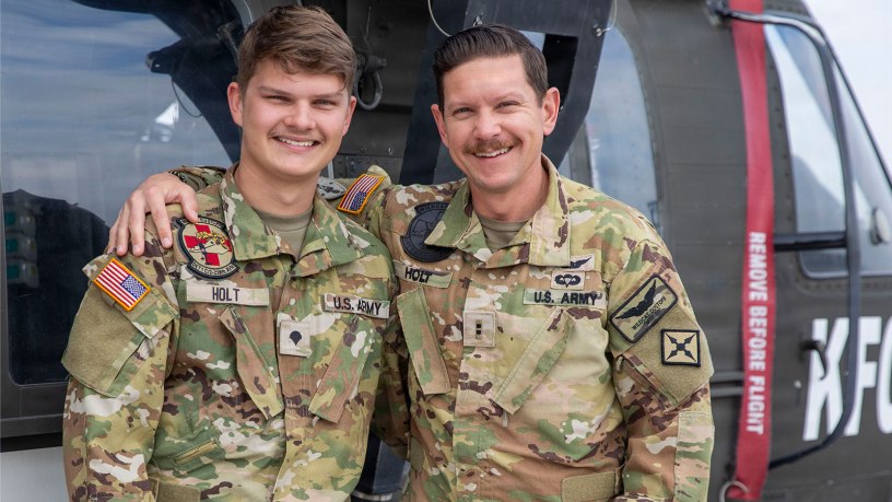 U.S. Army Chief Warrant Officer 2 Travis Holt and his son, Spc. Trevor Holt, a father and son duo, serve together in Task Force Aviation in support of Kosovo Force (KFOR) Regional Command-East, Oct. 15, 2025. The KFOR NATO-led peacekeeping mission is dedicated to ensuring a safe and secure environment and freedom of movement for all people in Kosovo. (U.S. Army National Guard by Staff Sgt. Alyssa Lisenbe)