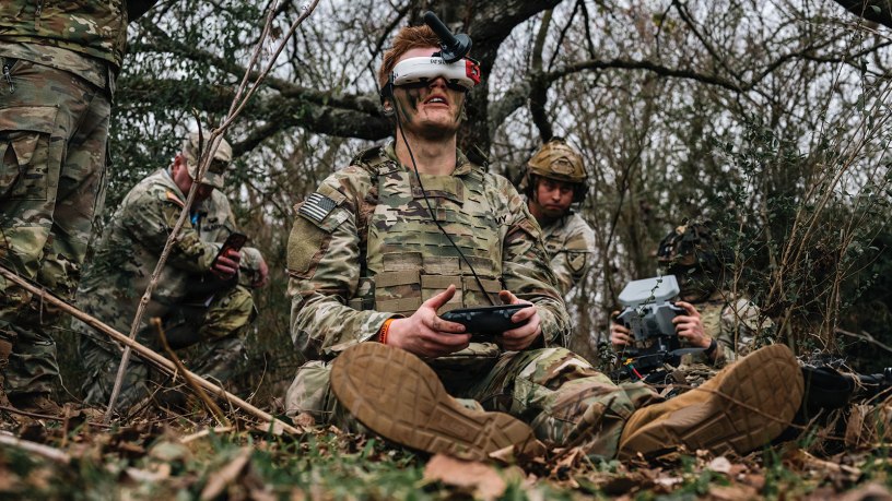 Soldiers operate a drone on the Best Tactical Squad Lane during the U.S. Army Best Drone Warfighter Competition in Huntsville, AL., Feb. 18, 2026. Active Duty, Reserve, and National Guard Soldiers are competing for the top warfighter while showcasing their agility, adaptability, and lethality as they adapt to the evolving modern battlefield. This is the inaugural Army Best Drone Warfighter Competition, themed “Agile, Adaptive, Lethal." (U.S. Army photo by Sgt. Aaron Troutman)