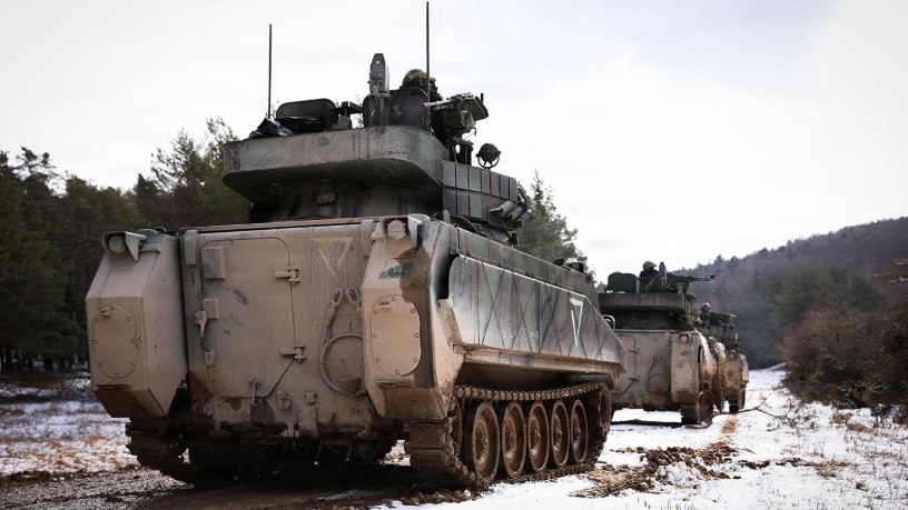 Tactical vehicles travel in formation during an operation conducted by the 1st Battalion, 4th Infantry Regiment during Combined Resolve 26-05 in Hohenfels, Germany on Feb. 18, 2026. 7th Army Training Command provides a unique environment in Europe to develop leaders and formations who are prepared for large-scale combat operations. (U.S. Army photo by Spc. Melanie Tolen)