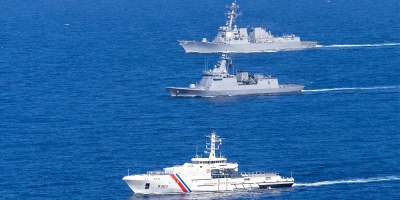From front to back, Philippine Coast Guard Gabriela Silang-class offshore patrol vessel BRP Gabriela Silang (OPV 8301), Philippine Navy Jose Rizal-class guided-missile frigate BRP Antonio Luna (FFG 151), and U.S. Navy Arleigh Burke-class guided-missile destroyer USS Dewey (DDG 105) steam in formation in the Philippine Sea, during the multilateral Maritime Cooperative Activity (MCA) alongside Japan and the Philippines in the Philippines’ Exclusive Economic Zone, Feb. 25, 2026.