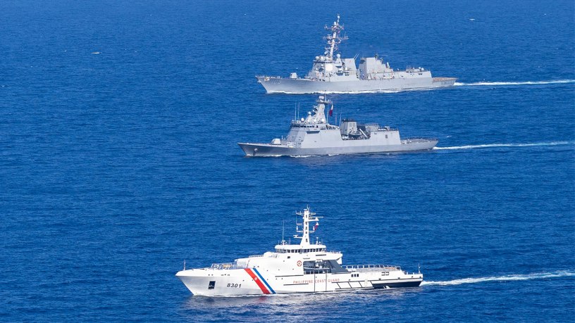 From front to back, Philippine Coast Guard Gabriela Silang-class offshore patrol vessel BRP Gabriela Silang (OPV 8301), Philippine Navy Jose Rizal-class guided-missile frigate BRP Antonio Luna (FFG 151), and U.S. Navy Arleigh Burke-class guided-missile destroyer USS Dewey (DDG 105) steam in formation in the Philippine Sea, during the multilateral Maritime Cooperative Activity (MCA) alongside Japan and the Philippines in the Philippines’ Exclusive Economic Zone, Feb. 25, 2026.