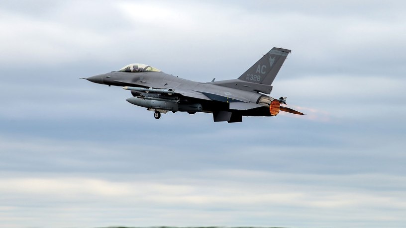 A U.S. Air Force F-16C Fighting Falcon takes off April 1, 2020, at the 177th Fighter Wing, Egg Harbor Township, N.J. The 177th FW continued flying to maintain worldwide combat-readiness and homeland defense during the COVID-19 pandemic. (U.S. Air National Guard photo by Airman Hunter Hires)