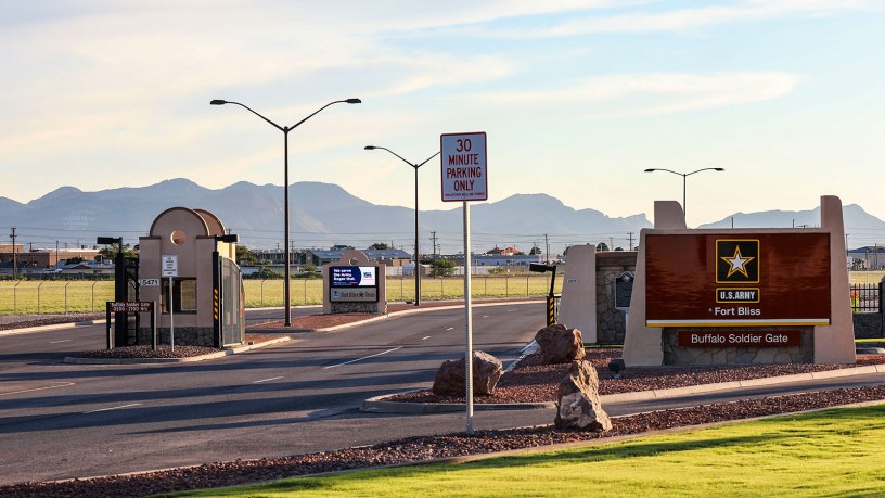 Photo of the Buffalo Soldier Gate at Fort Bliss, Texas, Aug. 20, 2021. The Department of Defense, in support of the Department of State, is providing transportation and temporary housing in support of Operation Allies Refuge. This initiative follows through on America's commitment to Afghan citizens who have helped the United States, and provides them essential support at secure locations outside Afghanistan. (U.S. Army photo by: Staff Sgt. Michael West/2ABCT)