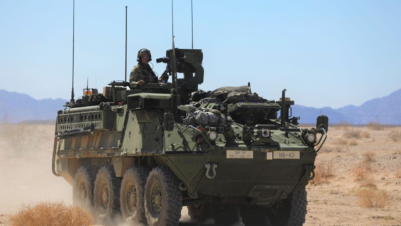 U.S. Soldiers assigned to 1st Battalion, 112 Infantry Regiment, 56th Stryker Brigade Combat Team, 28th Infantry Division (PA ARNG) conduct convoy operations utilizing Stryker Armored Vehicles during Decisive Action Rotation 22-08 at the National Training Center, Fort Irwin, Calif., June 26, 2022. Rotations at the National Training Center ensure Army Brigade Combat Teams remain versatile, responsive, and consistently available for current and future contingencies. (U.S. Army photo by Spc. Aaron Walker, operations Group, National Training Center)