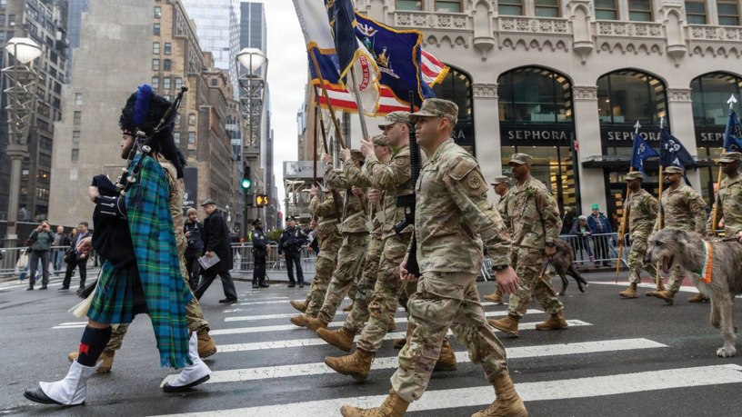 Led by a piper, Soldiers of the New York Army National Guard’s 1st Battalion, 69th Infantry Regiment, known as the “Fighting 69th” stride along up Fifth Avenue on March 17, 2025, during the 2025 New York City St. Patrick’s Day Parade. The regiment’s Soldiers have led what is now the world’s largest St. Patrick’s Day Parade since 1851, and will do so again