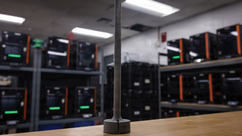 A Mobile User Object System antenna replacement mast, created by U.S. Marine Corps Lance Cpl. Eirick Schule, an engineer equipment operator with 2nd Distribution Support Battalion, Combat Logistics Regiment 2, 2nd Marine Logistics Group, is staged at the II Marine Expeditionary Force Innovation Campus on Marine Corps Base Camp Lejeune, North Carolina, Feb. 12, 2026.