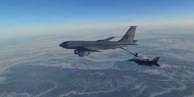 North American Aerospace Defense Command (NORAD) F-16 Fighting Falcon fighter refuels from a KC-135 Stratotanker over Western Alaska Feb. 19, 2026.