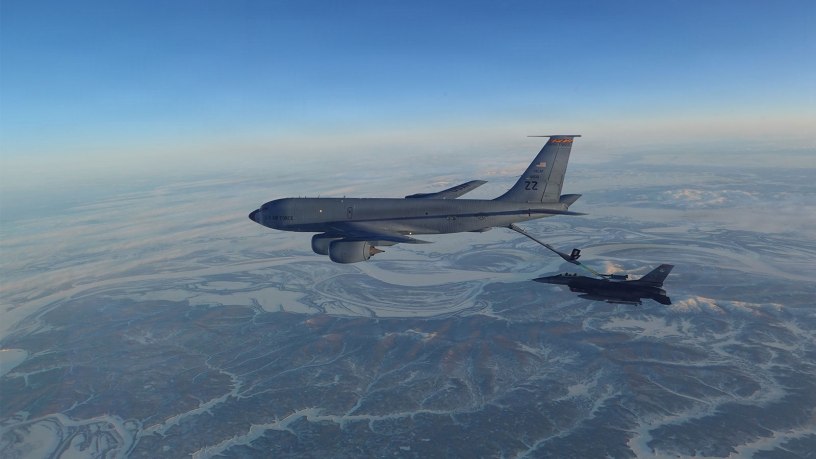 North American Aerospace Defense Command (NORAD) F-16 Fighting Falcon fighter refuels from a KC-135 Stratotanker over Western Alaska Feb. 19, 2026.