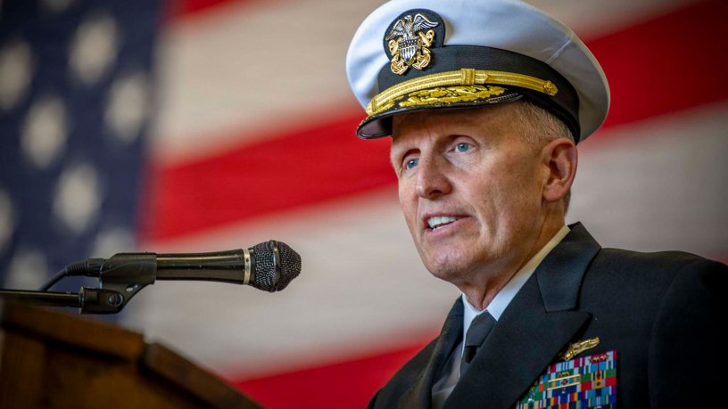 U.S. Navy Vice Adm. Michael Vernazza, commander, Naval Information Forces, gives a speech at the Information Warfare Squadron (IWRON) 9 assumption of command ceremony aboard the Nimitz-class aircraft carrier USS Theodore Roosevelt (CVN 71), Feb. 27, 2026. IWRON Nine, a unit designed to operationalize Information Warfare (IW) capabilities and provide decisive decision advantage to Carrier Strike Group Commanders, was established Feb. 27. (U.S. Navy photo by Mass Communication Specialist 2nd Class Ray McCann)