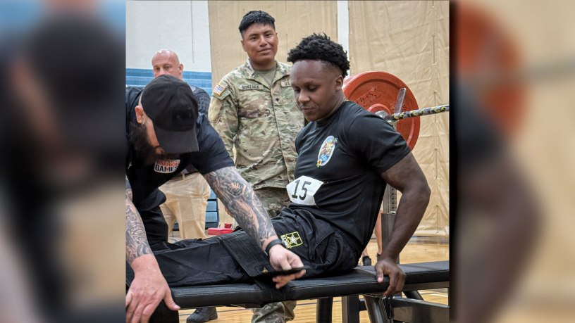 U.S. Army Staff Sgt. Reginald Campbell competes during the powerlifting event at the Army Recovery Care Program’s Army Trials, at Fort Bliss, Texas, Feb. 25 - March 5. About 80 wounded, ill and injured active-duty Soldiers and veterans are competing in the following adaptive sports: archery, cycling, field, indoor rowing, powerlifting, shooting, sitting volleyball, swimming, track, wheelchair basketball, and wheelchair rugby. The top 40 competitors will be selected to represent Team Army at the 2026 Warrior Games in San Antonio, Texas, June 13-20. (U.S. Army photo by Vernishia R. Vaughn)