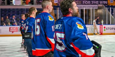 The 104th Fighter Wing Barnestormer hockey team faced off in their fourth "Battle of the Bases" hockey match against the 103rd Airlift Wing's Flying Yankees, February 28, 2026, at MassMutual Center, Springfield, Mass. This hockey season marks the 50th anniversary since the creation of the team in 1976. (U.S. Air National Guard Photo by Jay Hewitt)