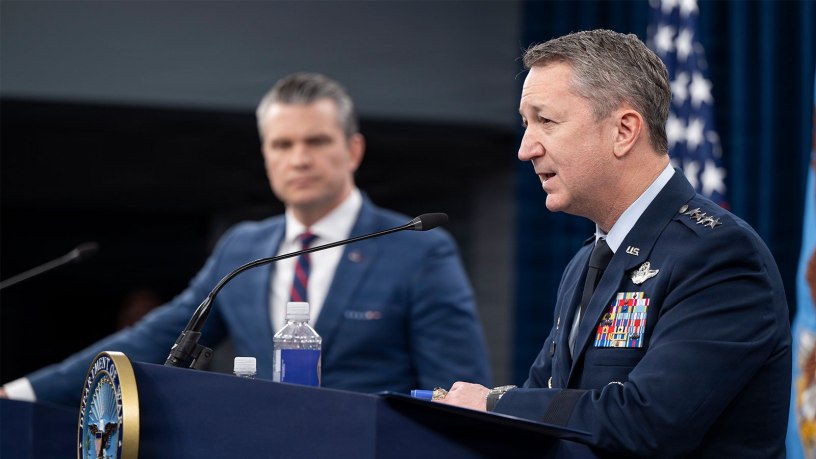 Secretary of War Pete Hegseth and Chairman of the Joint Chiefs of Staff U.S. Air Force Gen. Dan Caine conduct a press briefing on Operation Epic Fury at the Pentagon, Washington, D.C., March 2, 2026. (DoW photo by U.S. Air Force Staff Sgt. Madelyn Keech)