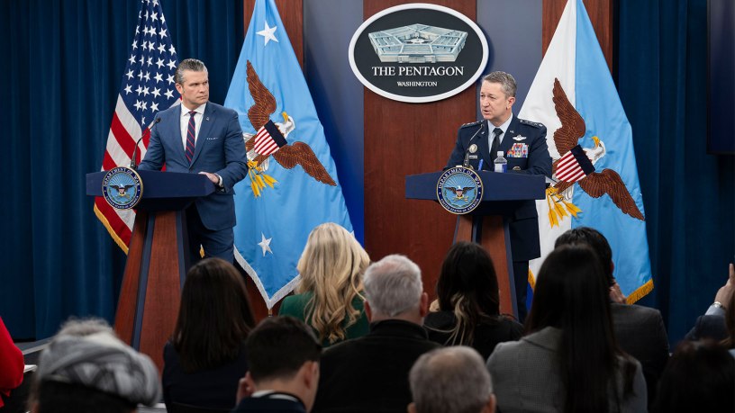 Secretary of War Pete Hegseth and Chairman of the Joint Chiefs of Staff U.S. Air Force Gen. Dan Caine conduct a press briefing on Operation Epic Fury at the Pentagon, Washington, D.C., March 2, 2026. (DoW photo by U.S. Air Force Staff Sgt. Madelyn Keech)