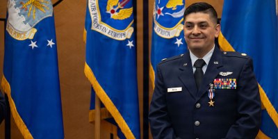 RAMSTEIN AIR BASE, Germany – U.S. Air Force Maj. Michael A. Blea, 480th Fighter Squadron assistant director of operations, assigned to the 52nd Fighter Wing at Spangdahlem Air Base, Germany, is awarded the Silver Star during a ceremony at Ramstein Air Base, Germany, March 3, 2026. Blea distinguished himself through conspicuous gallantry while engaged in combat operations against enemy forces. (U.S. Air Force photo by Tech. Sgt. Alexandra M. Longfellow)