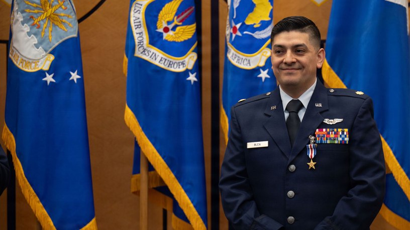 RAMSTEIN AIR BASE, Germany – U.S. Air Force Maj. Michael A. Blea, 480th Fighter Squadron assistant director of operations, assigned to the 52nd Fighter Wing at Spangdahlem Air Base, Germany, is awarded the Silver Star during a ceremony at Ramstein Air Base, Germany, March 3, 2026. Blea distinguished himself through conspicuous gallantry while engaged in combat operations against enemy forces. (U.S. Air Force photo by Tech. Sgt. Alexandra M. Longfellow)