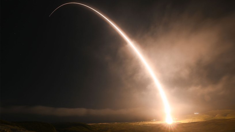 An unarmed Minuteman III intercontinental ballistic missile launches during an operational test on March 3, 2026, at Vandenberg Space Force Base, Calif. ICBM test launches help ensure the U.S. ICBM fleet is ready, reliable and effective. (U.S. Space Force photo by Staff Sgt. Joshua LeRoi)
