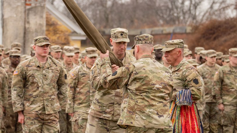 The 103rd Brigade Engineer Battalion, part of the 56th Stryker Brigade Combat Team, was inactivated during a ceremony March 6, 2026, in Philadelphia. The battalion is being inactivated as part of the 56th SBCT’s conversion to a mobile brigade combat team. (U.S. Army National Guard photo by Sgt. Tristan Murry)