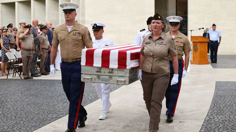 Members of the Defense POW/MIA Accounting Agency and the Joint U.S. Military Assistance Group Philippines depart the first-ever Repatriation Ceremony held at the Manila American Cemetery and Memorial in the Philippines with the remains of the 100th U.S. Unknown that DPAA disinterred during fiscal year 2026, March 6, 2026. Currently, there are 71,783 U.S. personnel unaccounted for from World War II with approximately 10,000 missing in the Philippines, the largest total for any single country. (U.S. Air Force Photo by Lt. Col. George Tobias)