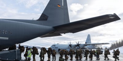 U.S. Marines with 2nd Battalion, 6th Marine Regiment, 2nd Marine Division, board a C-130 aircraft with the German-French Binational Air Transport Squadron (BATS) at Bardufoss Airport, Norway, March 11, 2026.
