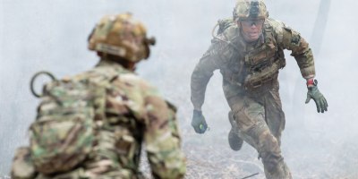 U.S. Air Force Tech Sgt. Chandler Durden, a security forces specialist, representing the Savannah-based 165th Airlift Wing, Georgia Air National Guard, sprints forward on the testing lane during the Hand Grenade Course event of the 2026 Georgia Army National Guard State Best Warrior Competition, Mar. 11, 2026, at the Catoosa Volunteer Training Site, Ringgold, Georgia.