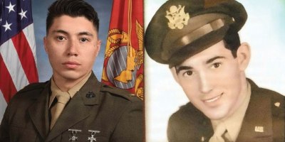 Service photos of U.S. Marine Corps 2nd Lt. David Cason, left, a supply officer with Headquarters and Service Battalion, 2nd Marine Logistics Group, and his grandfather, U.S. Eighth Air Force Maj. Velton Cason, a B-24 Liberator and B-17 Flying Fortress bombardier-navigator. (U.S. Marine Corps photo illustration by Sgt. Rafael Brambila-Pelayo)