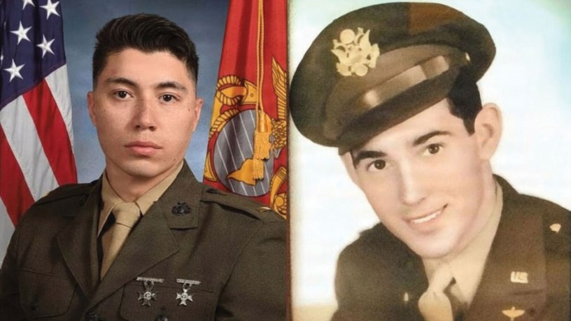 Service photos of U.S. Marine Corps 2nd Lt. David Cason, left, a supply officer with Headquarters and Service Battalion, 2nd Marine Logistics Group, and his grandfather, U.S. Eighth Air Force Maj. Velton Cason, a B-24 Liberator and B-17 Flying Fortress bombardier-navigator. (U.S. Marine Corps photo illustration by Sgt. Rafael Brambila-Pelayo)