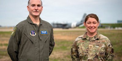Master Sgt. Sarah Cobb (right), aerospace flight and operational medical technician for the 123rd Medical Group, and Lt. Col. Daniel Dierfeldt, chief of aerospace medicine for the 123rd Medical Group, saved the life of an Airman who suffered a cardiac arrest in August 2025, quickly assessing the situation and employing CPR at the Kentucky Air National Guard Base in Louisville Ky. Both were awarded the Kentucky Distinguished Service Medal for their actions. (U.S. Air National Guard photo by Master Sgt. Joshua Horton)