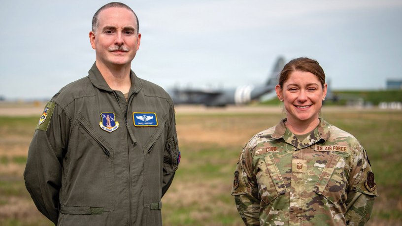 Master Sgt. Sarah Cobb (right), aerospace flight and operational medical technician for the 123rd Medical Group, and Lt. Col. Daniel Dierfeldt, chief of aerospace medicine for the 123rd Medical Group, saved the life of an Airman who suffered a cardiac arrest in August 2025, quickly assessing the situation and employing CPR at the Kentucky Air National Guard Base in Louisville Ky. Both were awarded the Kentucky Distinguished Service Medal for their actions. (U.S. Air National Guard photo by Master Sgt. Joshua Horton)