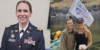 Capt. Dakota Olson-Harris, commander of the Oregon National Guard’s 115th Mobile Public Affairs Detachment, is shown in uniform alongside her civilian role as co-founder of the Reveille and Retreat Project. Olson-Harris helps lead the nonprofit organization that creates retreats and programs supporting the health and wellness of women veterans.