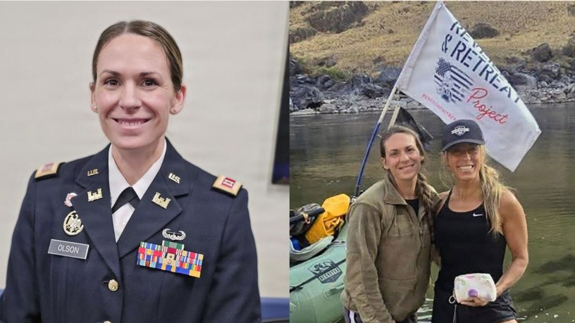 Capt. Dakota Olson-Harris, commander of the Oregon National Guard’s 115th Mobile Public Affairs Detachment, is shown in uniform alongside her civilian role as co-founder of the Reveille and Retreat Project. Olson-Harris helps lead the nonprofit organization that creates retreats and programs supporting the health and wellness of women veterans.