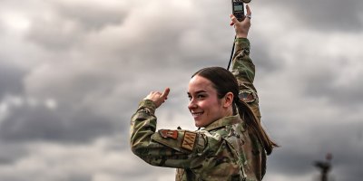 U.S. Air Force Senior Airman Mackenzie Martie, 86th Operations Support Squadron weather forecaster, uses a sensor to measure atmosphere conditions at Ramstein Air Base, Germany, March 17, 2026. The data is used to stay informed of ever-changing weather conditions for aircrew to be aware of hazards. (U.S. Air Force photo by Airman Paden Henry)