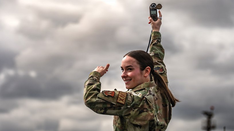 U.S. Air Force Senior Airman Mackenzie Martie, 86th Operations Support Squadron weather forecaster, uses a sensor to measure atmosphere conditions at Ramstein Air Base, Germany, March 17, 2026. The data is used to stay informed of ever-changing weather conditions for aircrew to be aware of hazards. (U.S. Air Force photo by Airman Paden Henry)