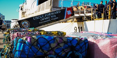 USCGC Foward’s (WMEC-911) crew offload illicit drugs valued at more than $49.3 million at Port Everglades, Florida March 19, 2026. This offload was a result of two interdictions in the international waters of the Eastern Pacific Ocean by the crews of USCGC Spencer (WMEC-905) and Forward interdicting approximately 6,750 pounds of cocaine. (U.S. Coast Guard photo by Seaman Christopher Moret)