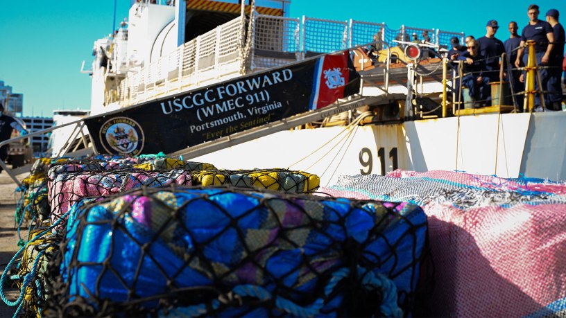 USCGC Foward’s (WMEC-911) crew offload illicit drugs valued at more than $49.3 million at Port Everglades, Florida March 19, 2026. This offload was a result of two interdictions in the international waters of the Eastern Pacific Ocean by the crews of USCGC Spencer (WMEC-905) and Forward interdicting approximately 6,750 pounds of cocaine. (U.S. Coast Guard photo by Seaman Christopher Moret)