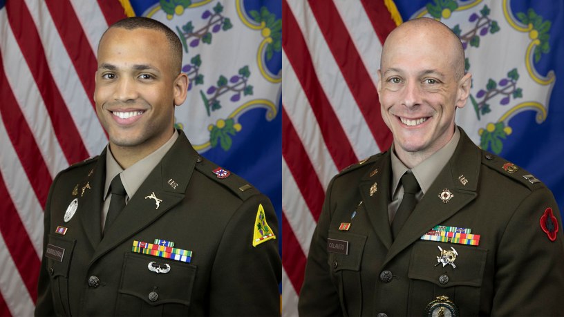 Portraits of U.S. Army 2nd Lt. Luis Rodriguez-Veras and Capt. Joseph Colovito, competitors in the 2026 Connecticut National Guard Best Warrior Competition March 26-29, 2026. This was the first year that officers were allowed to participate in the competition. (U.S. Army photo by Sgt. Kaitlyn Quinn)