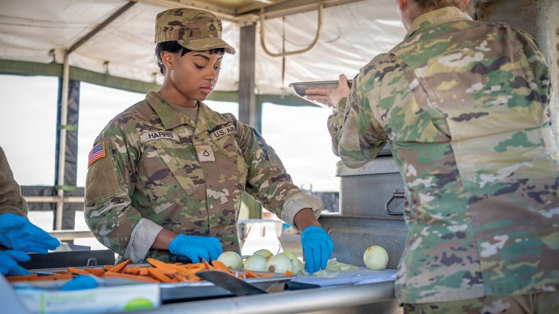 U.S. Army Pfc. Jajleah Harris, a culinary specialist with the 1109th Theater Aviation Support Maintenance Group, chops onions during the Connecticut National Guard's third annual Warrior Chef Competition Feb. 28, 2026, at Camp Nett, Niantic, Connecticut. The Warrior Chef Competition was a culminating event for a statewide 92G training event, here.