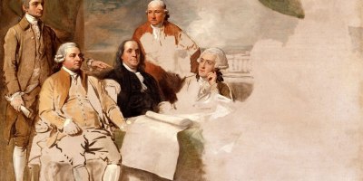 A Benjamin West oil painting of the American delegation to the Treaty of Paris in 1783, which ended the Revolutionary War. The British delegation refused to pose for the painting, so the right side is unfinished. From the left are John Jay, John Adams, Benjamin Franklin, Henry Laurens and William Temple Franklin.
