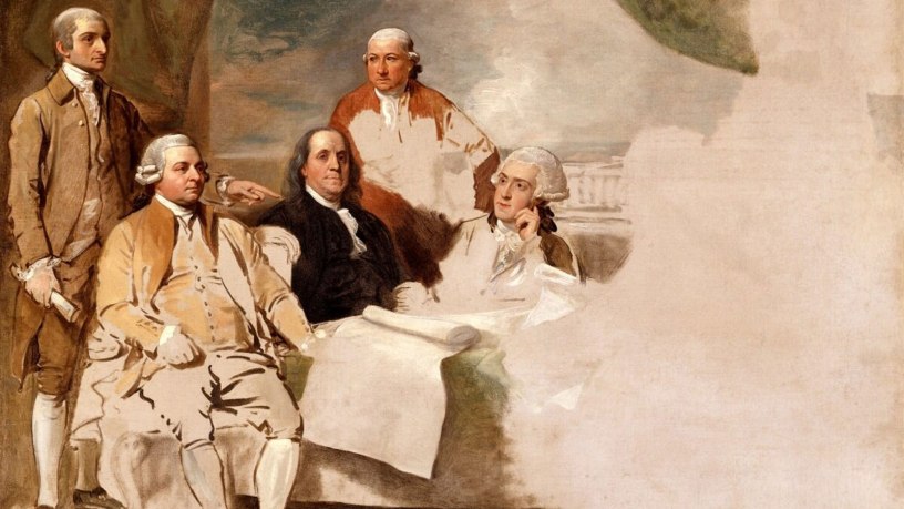 A Benjamin West oil painting of the American delegation to the Treaty of Paris in 1783, which ended the Revolutionary War. The British delegation refused to pose for the painting, so the right side is unfinished. From the left are John Jay, John Adams, Benjamin Franklin, Henry Laurens and William Temple Franklin.