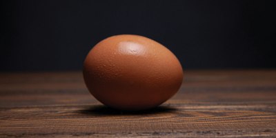 A brown egg on a wooden surface.