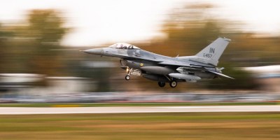 An F-16 Fighting Falcon aircraft assigned to the 122nd Fighter Wing, comes in for a landing at the 122nd Fighter Wing in Fort Wayne, Indiana, Oct. 20, 2023. The aircraft was the first of the fighters to arrive at the base since conversion to the F-16 began in April 2023. (U.S. Air National Guard photo by Master Sgt. William Hopper)