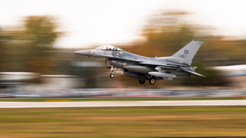 An F-16 Fighting Falcon aircraft assigned to the 122nd Fighter Wing, comes in for a landing at the 122nd Fighter Wing in Fort Wayne, Indiana, Oct. 20, 2023. The aircraft was the first of the fighters to arrive at the base since conversion to the F-16 began in April 2023. (U.S. Air National Guard photo by Master Sgt. William Hopper)