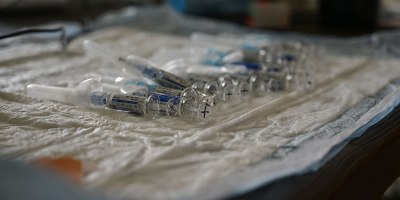 Influenza vaccines lined up on a tray at Aviano Air Base, Italy, Nov. 19, 2024.