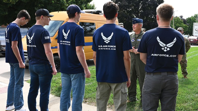 Brig. Gen. Craig McPike, Air Force Recruiting Service deputy commander, speaks with future recruits at the Register’s Annual Great Bicycle Ride Across Iowa in Orange City, Iowa, July 19, 2025. Deliberate recruiting has allowed the Air Force and Space Force to meet their fiscal year recruiting goals, and obtain the largest delayed entry program in recent history. (U.S. Air Force photo by Staff Sgt. Jessica Montano)