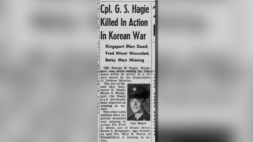 The Defense POW/MIA Accounting Agency announced today that U.S. Army Cpl. George C. Hagie, 18 of Kingsport, Tennessee, killed during the Korean War, was accounted for June 12, 2025.