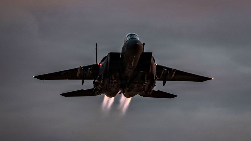 A U.S. Air Force F-15E Strike Eagle aircraft takes off from a base in the Middle East, Jan. 18, 2026. The F-15E Strike Eagle is a dual-role fighter designed to perform air-to-air and air-to-ground missions at low altitude, day or night and in all weather. (U.S. Air Force photo by Senior Airman Jared Brewer)