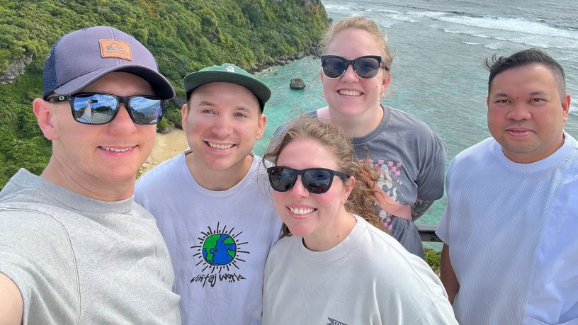 U.S. Air Force Airmen attending Noncommissioned Officer Academy at Kadena Air Base, Japan, pose for a photo during a trip to Okinawa’s Miyagi Islands on March 22, 2026. During the outing, the group responded to an off-duty emergency at Ikei Beach, applying Tactical Combat Casualty Care training to assist an injured local man until emergency responders arrived. (U.S. Air Force courtesy photo)