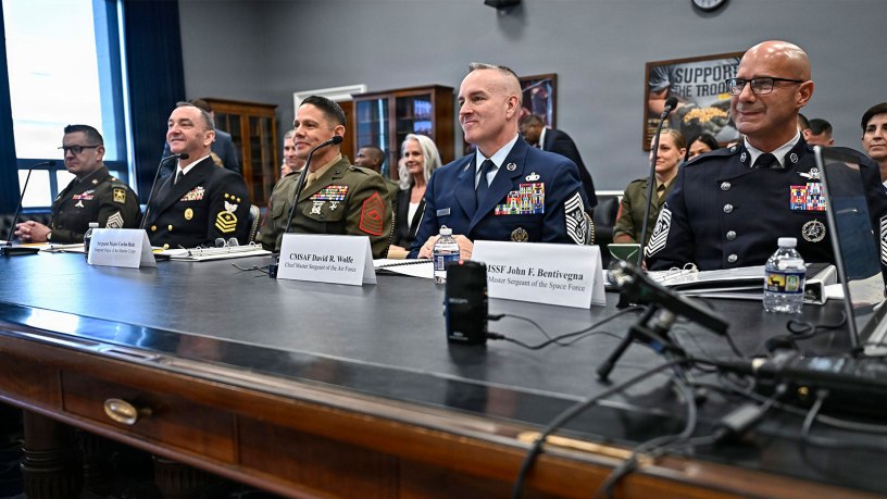 Chief Master Sgt. of the Space Force John Bentivegna, right, Chief Master Sgt. of the Air Force David Wolfe, second from right, Sgt. Maj. of the Marine Corps Carlos Ruiz, Master Chief Petty Officer of the Navy John Perryman and Sgt. Maj. of the Army Michael Weimer listen to opening remarks during a House Appropriations Subcommittee hearing about military quality of life, on Capitol Hill in Washington, D.C., March 25, 2026. (U.S. Air Force photo by Eric Dietrich)